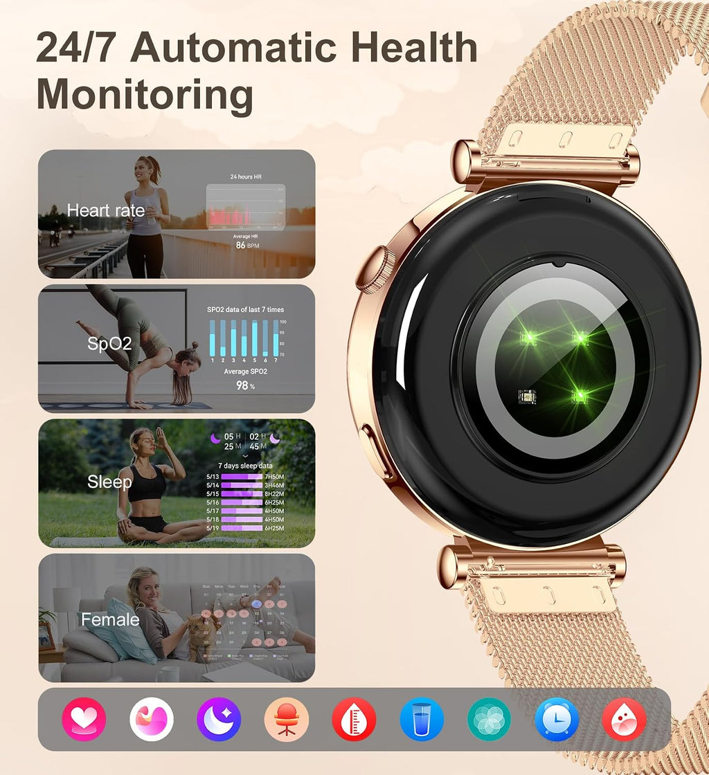 Iaret - Reloj inteligente para mujer, contestar/hacer llamadas, monitor de actividad física de 1.27 pulgadas con monitor de frecuencia cardíaca, sueño, SpO2, reloj inteligente para iPhone Android, más de 110 modos deportivos, elegante reloj para mujer