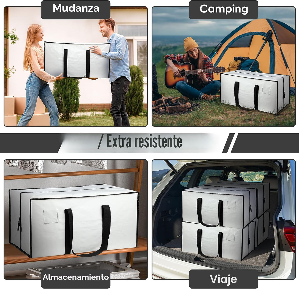Paquete de 6 bolsas de mudanza resistentes de 210 GSM con cremallera lateral totalmente abierta, 93 L y 65 libras, impermeables, plegables para dormitorio universitario, alternativas de cajas de mudanza y organización del hogar, color blanco