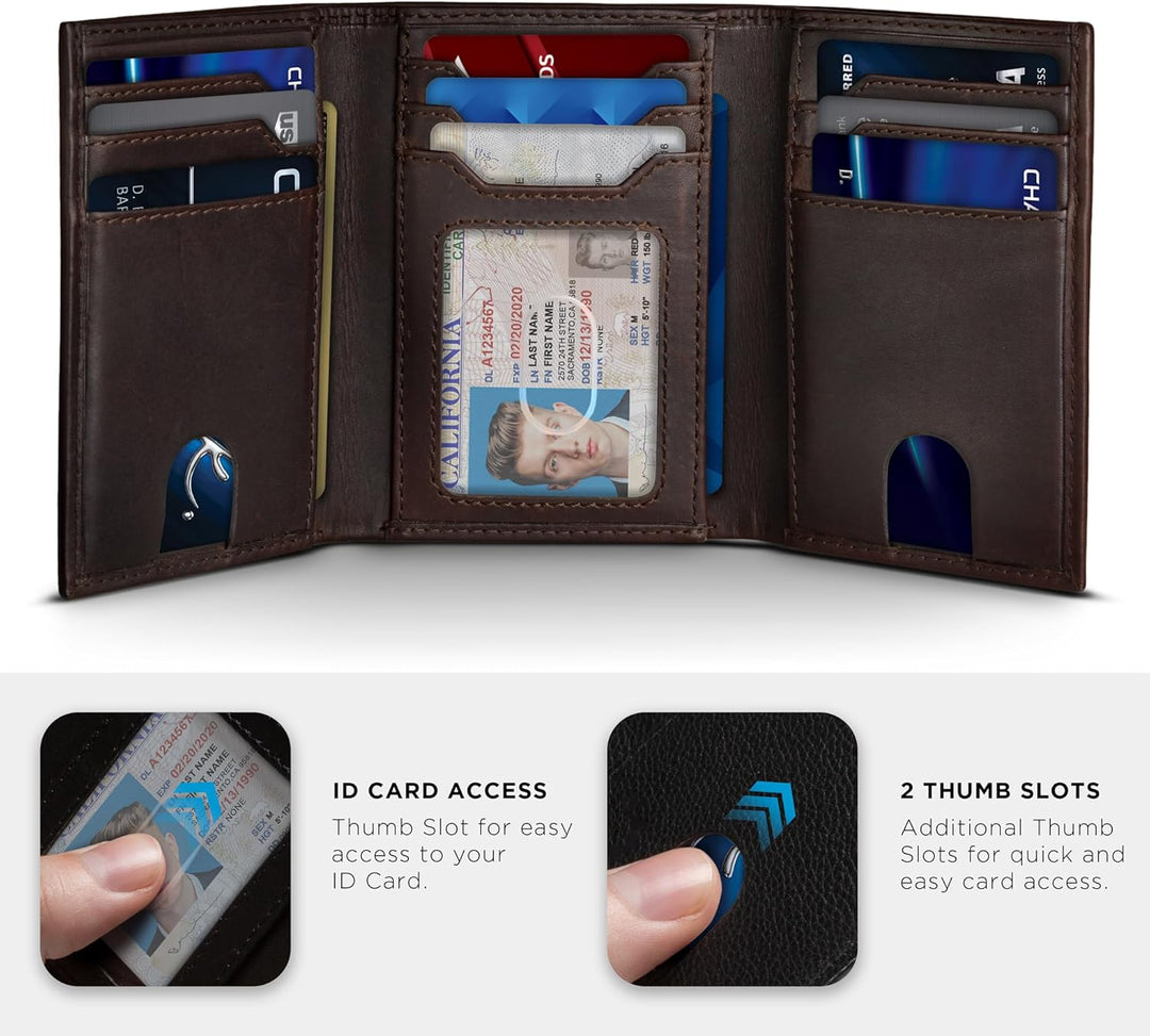 SERMAN BRANDS Billetera plegable para hombre - Cuero genuino con bl...