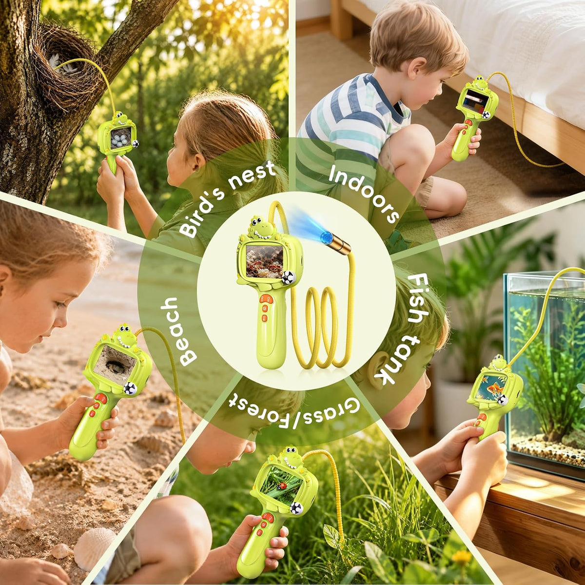 Cámara Boroscopio con Luz para Niños, 2.4" IPS, Dinosaurio Verde