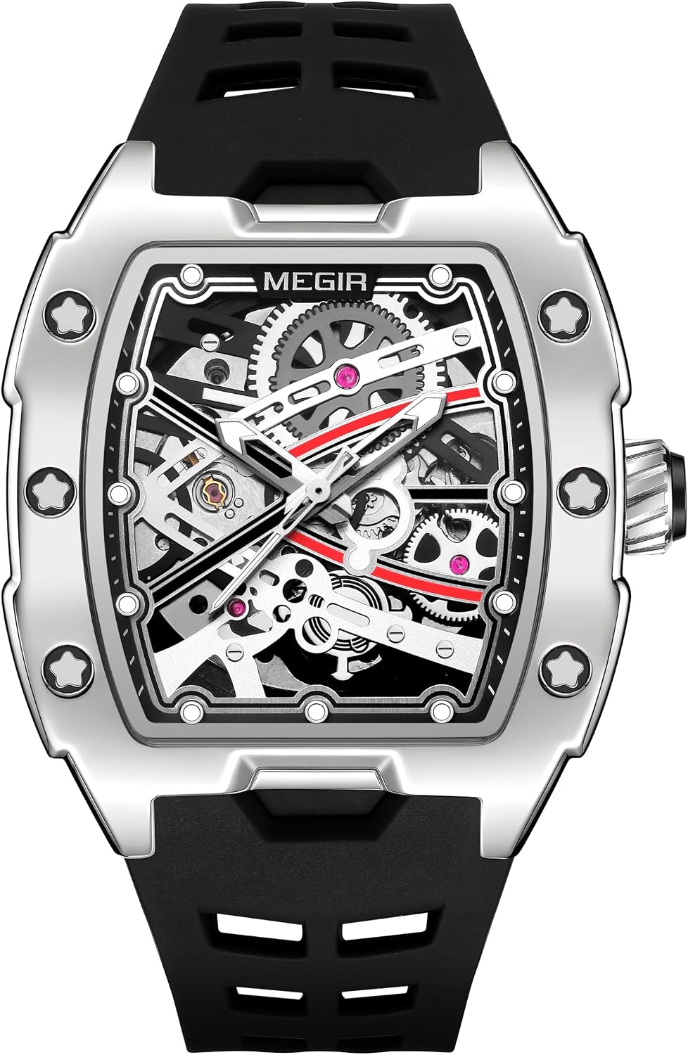 MEGIR Reloj mecánico automático esqueletado para hombre con correa de silicona