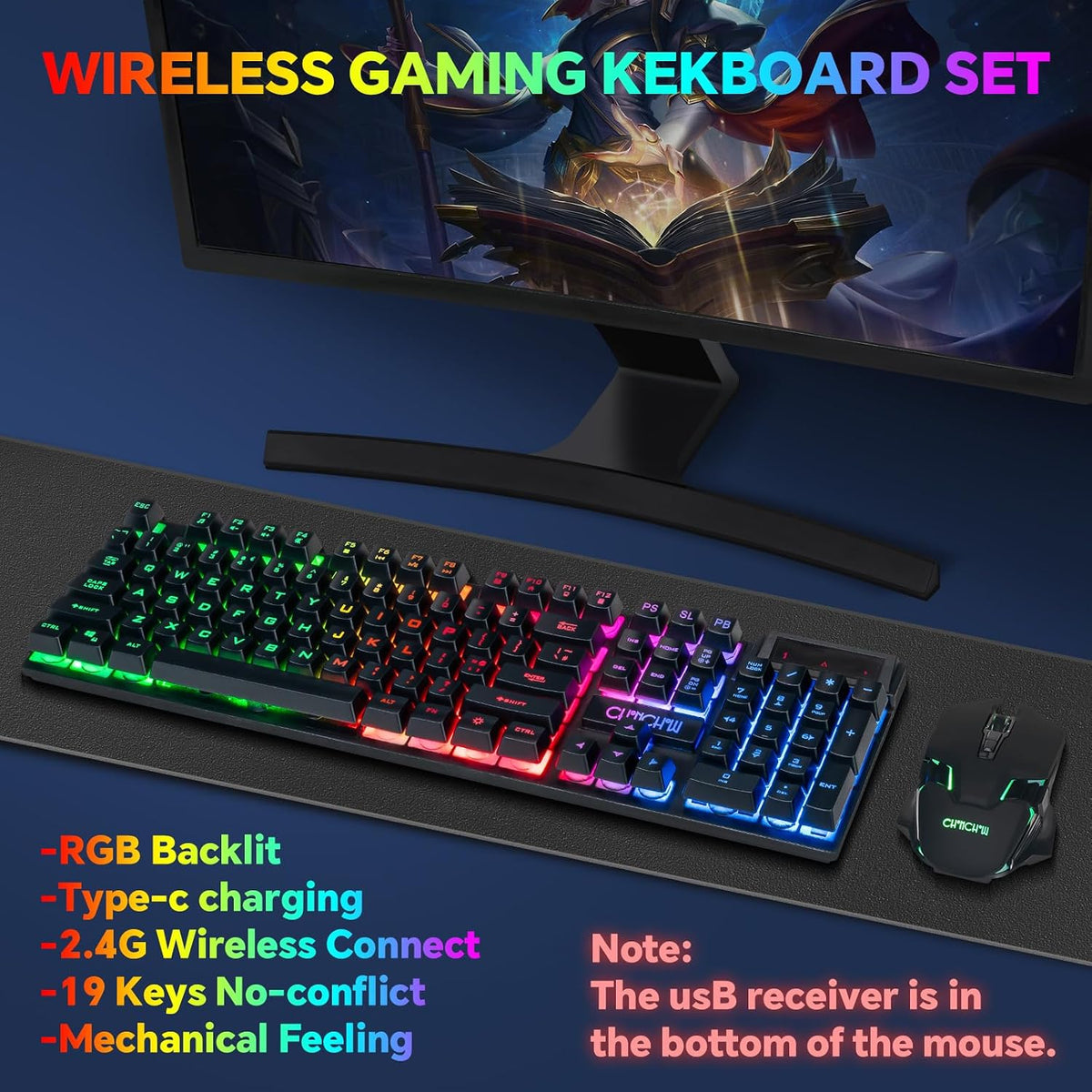 CHONCHOW Combo de teclado y mouse inalámbricos USB para juegos