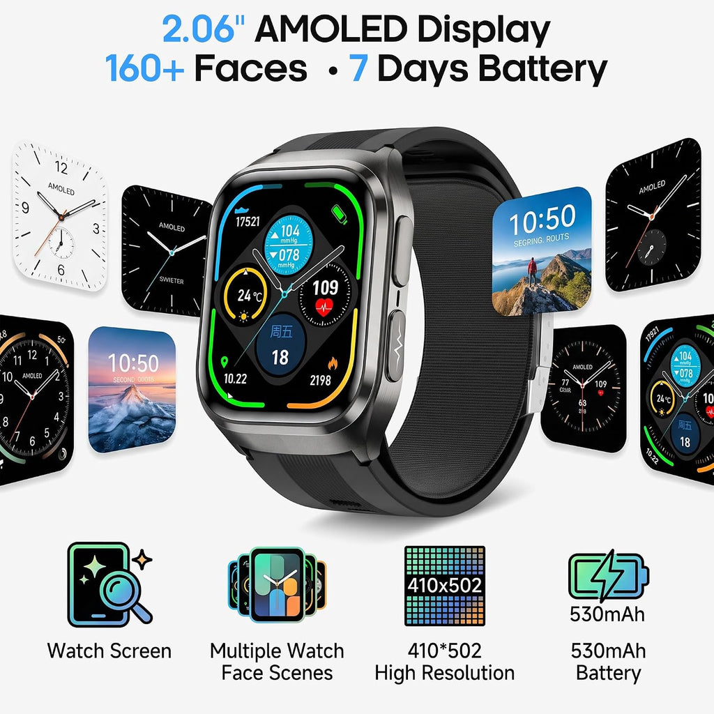 Smart Watch para Hombres y Mujeres con Puño con Airbag, Monitor de Frecuencia Cardíaca 24/7, Presión Arterial, Seguimiento del Sueño, Oxígeno en la Sangre, Pantalla AMOLED de 2.06" (Answer/Make), Batería de 530mAh, Rastreador de Fitness