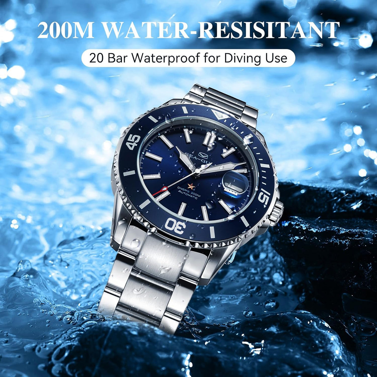 SEA-GULL - Reloj automático Seagull para hombre, correa de acero inoxidable, impermeable hasta 200M, mecánico con calendario luminoso, reloj de pulsera para negocios, casual, buceo para hombres
