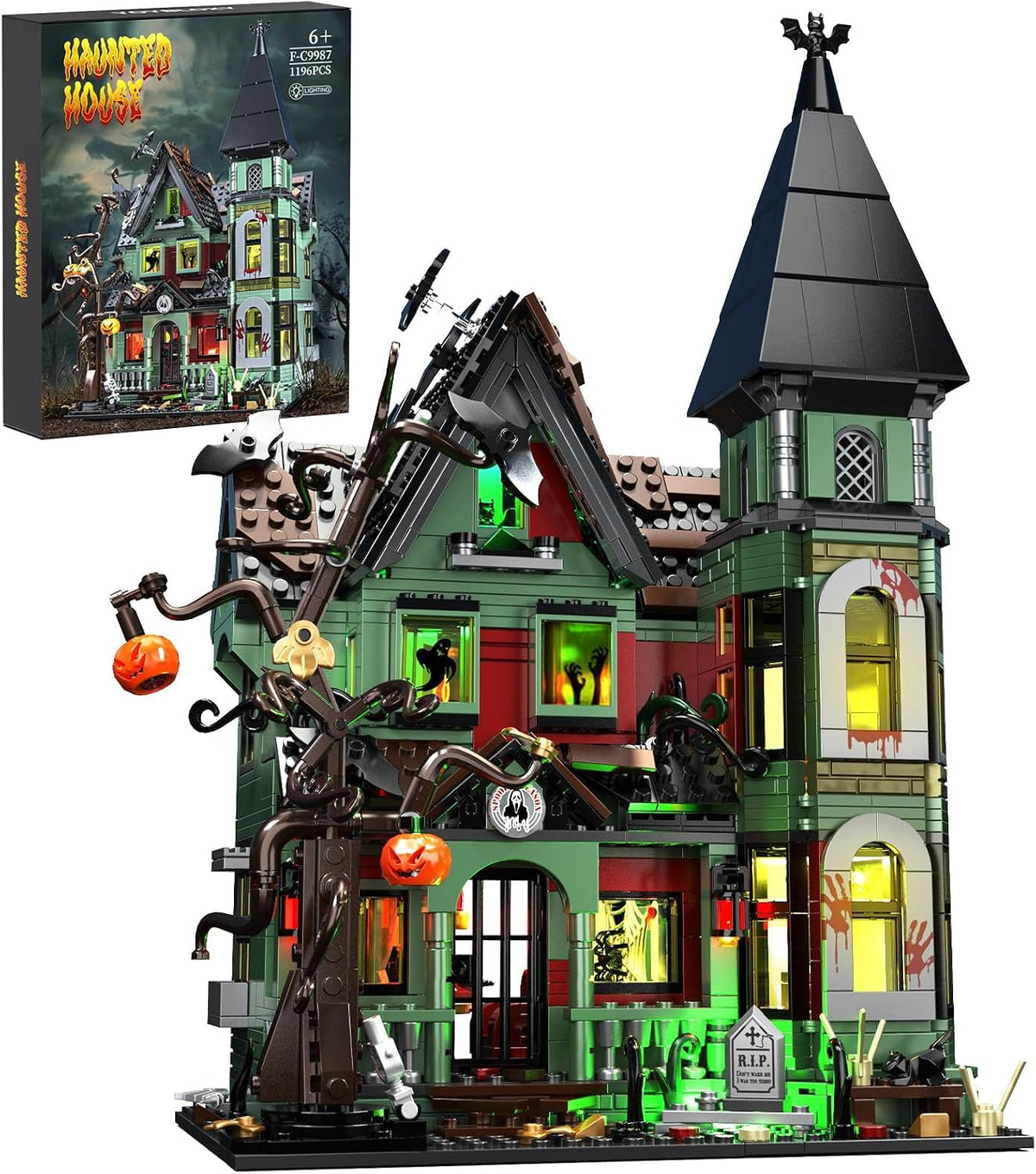 iATOM Juego de construcción de casa embrujada con luces, juguete de construcción de mansión de Halloween para adultos, regalo para Navidad, arquitectura de pueblo de terror incluye calabaza esqueleto espeluznante murciélago gato, F-C9987