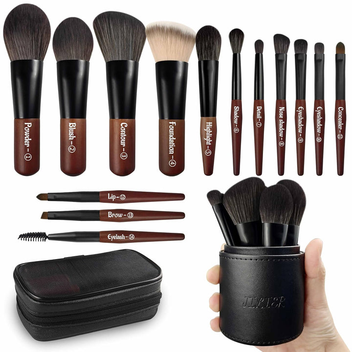 Jilier Juego de brochas de maquillaje de viaje, 14 piezas de mini b...