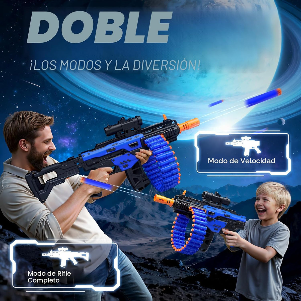 SOFITEN Pistola de juguete eléctrica automática con alcance de juguete con tambor giratorio de 30 dardos y 100 dardos de espuma, juegos de disparos al aire libre, juguetes de cumpleaños para adolescentes, niños y niñas y adultos
