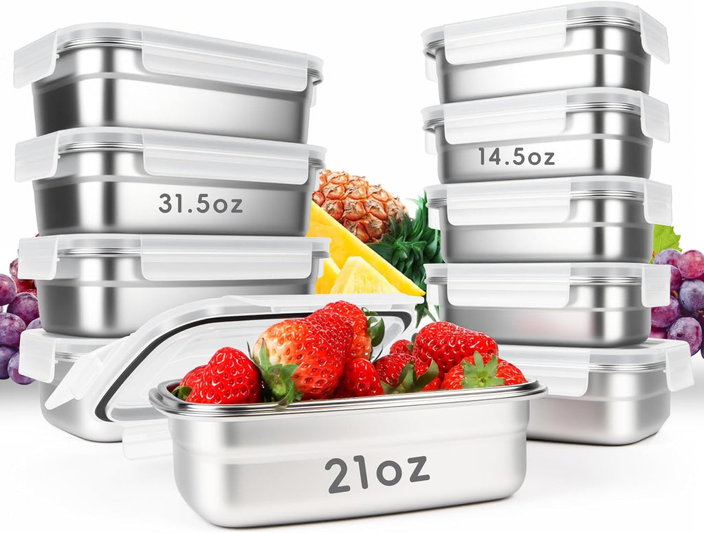 10 recipientes de almacenamiento de alimentos de acero inoxidable 304 con tapas herméticas a prueba de fugas, lonchera Bento apilable para preparación de comidas, recipientes de metal reutilizables