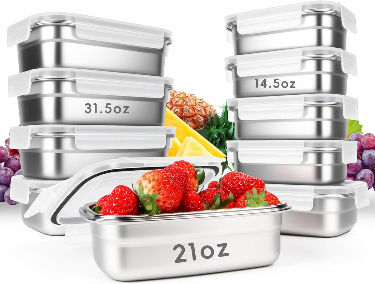 10 recipientes de almacenamiento de alimentos de acero inoxidable 304 con tapas herméticas a prueba de fugas, lonchera Bento apilable para preparación de comidas, recipientes de metal reutilizables
