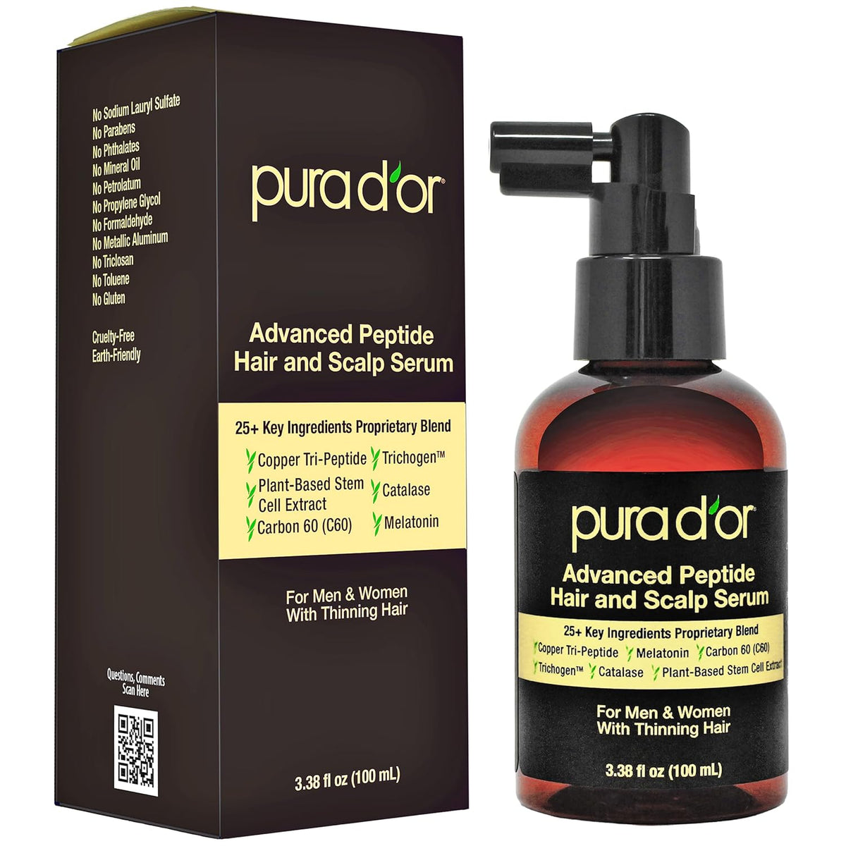 PURA D'OR Suero avanzado para el cabello y el cuero, 3,38 Fl Oz, Péptido avanzado aroma a hierbas