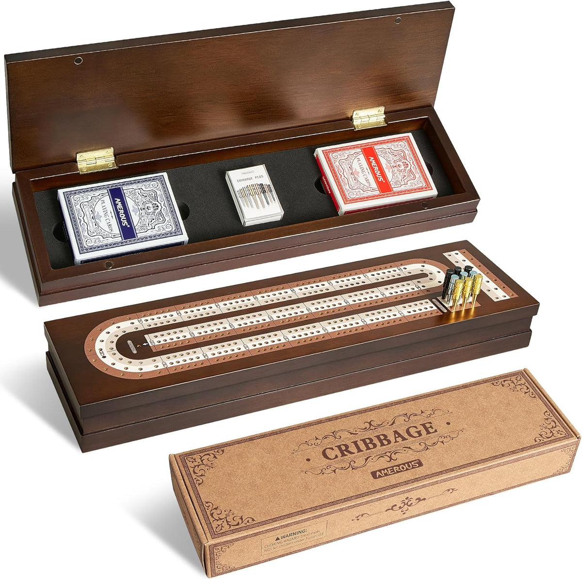 AMEROUS Juego de Cribbage de Mesa de Madera con Bloqueo Magnético - Clavijas de Metal - 2 Cartas de Juego - Tablero Continuo de 3 Vías - Área de Almacenamiento Más Grande, Juegos de Cribbage