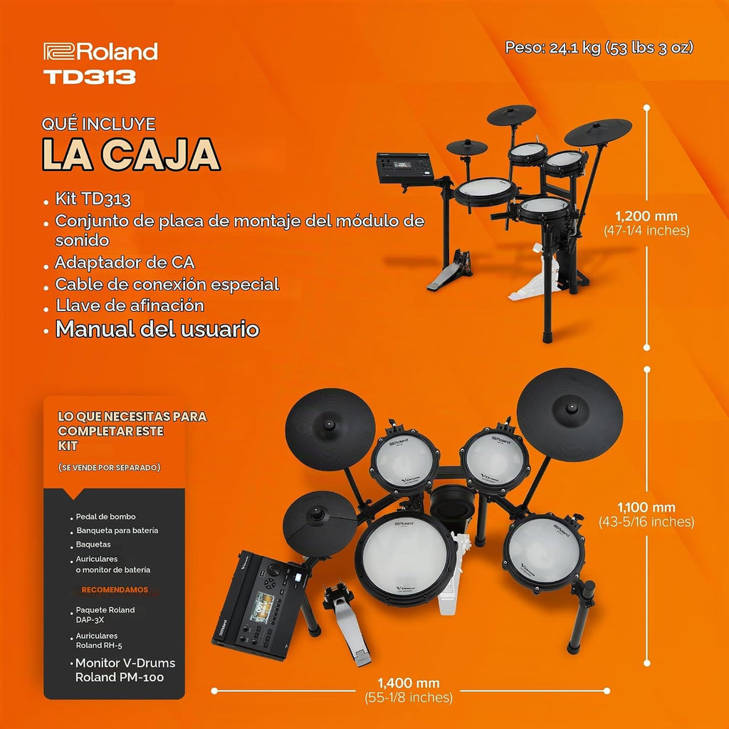 Roland TD313 V-Drums | Kit de batería en V compacto serie 3 | Módulo de sonido V31 | Tecnología de sonido avanzada | Almohadillas mejoradas y disparo preciso de platillos | Modo Coach integrado | Funciones de E/S ampliadas