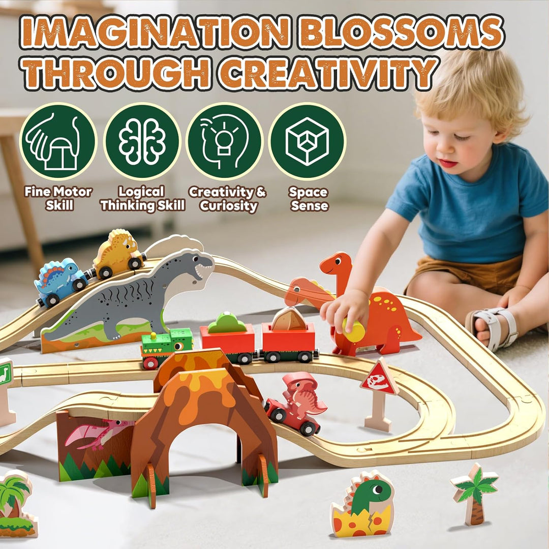 Lehoo Castle Set de Tren de Madera, Set de Pista de Tren de Dinosau...