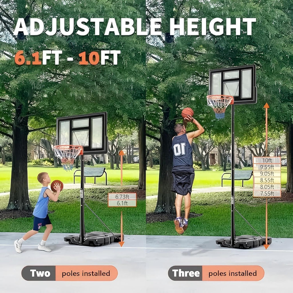 DUMOS Aro de Baloncesto Portátil de Altura Ajustable de 10 Pies para Exteriores para Adultos, Tablero Irrompible de 44 Pulgadas con Aro Absorbente de Impactos, Base Rellenable, 2 Ruedas para Piscina