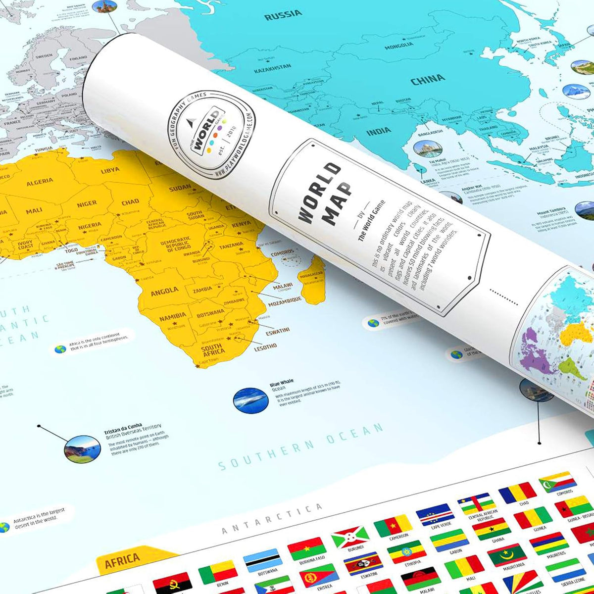 Mapa del mundo colorido con banderas y mayúsculas + 50 datos interesantes – Póster de arte de pared XL para el hogar y el aula – Educativo para niños y adultos