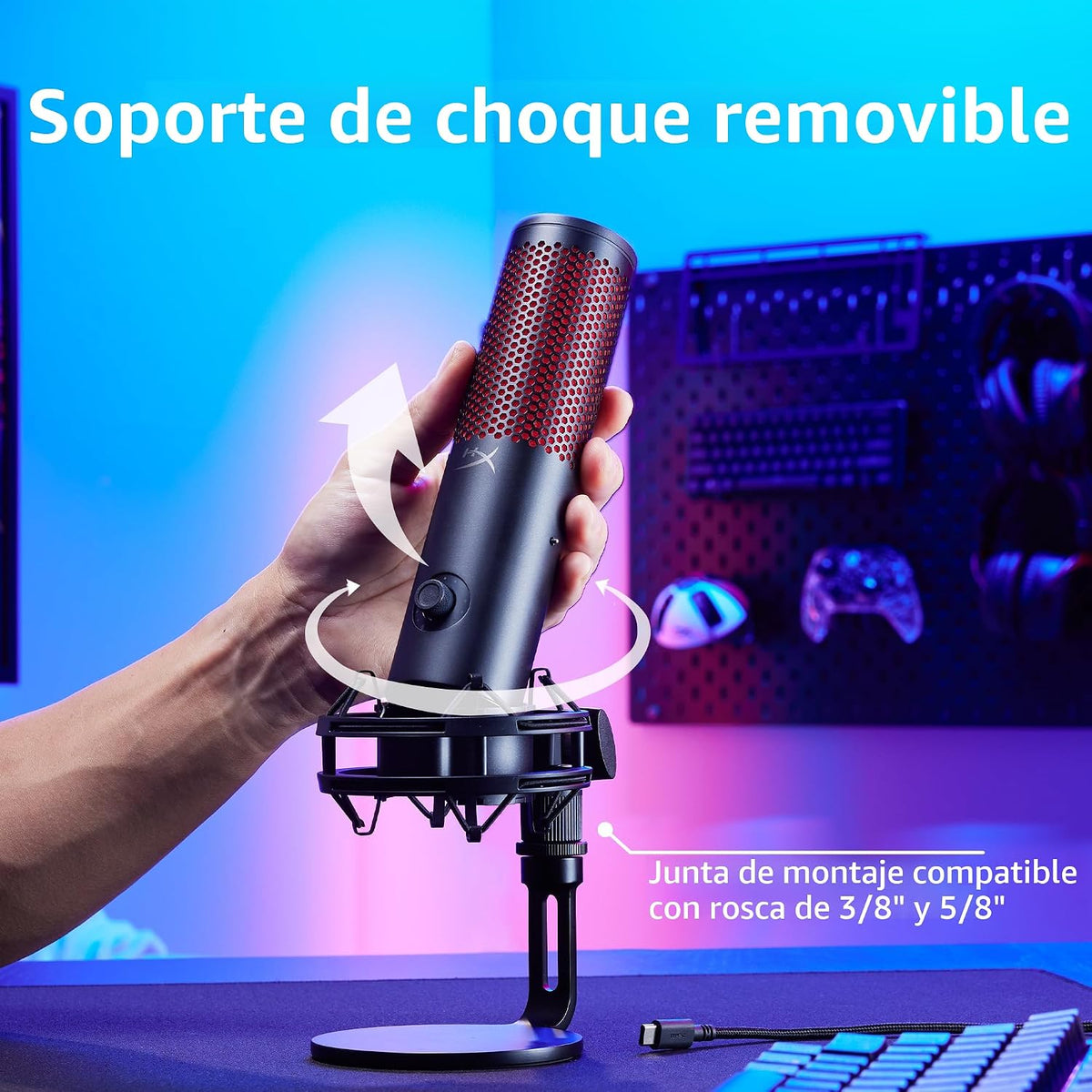 HyperX QuadCast 2 - Micrófono USB para juegos, transmisión y podcasting, con controles integrados, iluminación LED, soporte de choque extraíble, PC, Mac, PS5, PS4, USB-C, color negro