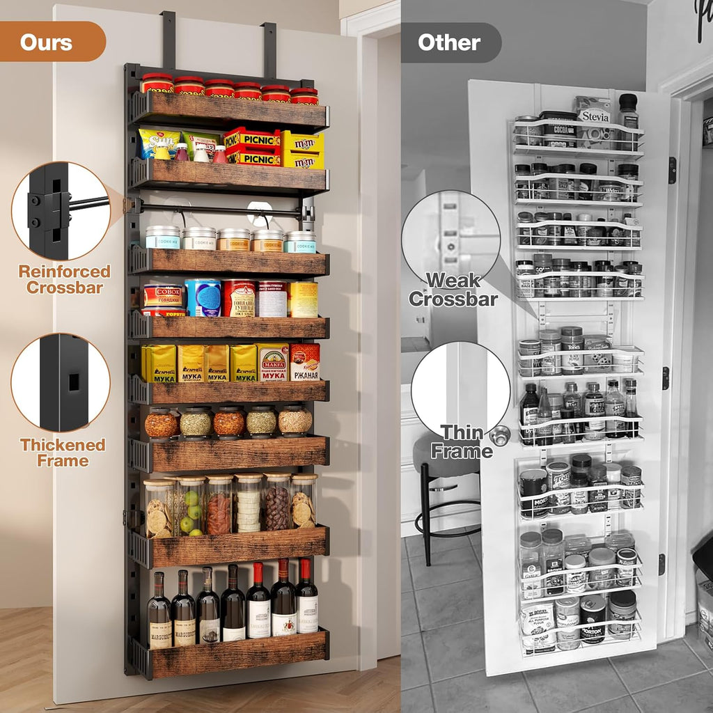 Organizador de despensa de 8 niveles sobre la puerta, soporte de pared de metal resistente o estante de especias colgante, estantes de almacenamiento detrás de la puerta con cesta ajustable, organizador trasero de puerta para armario de cocina y armario