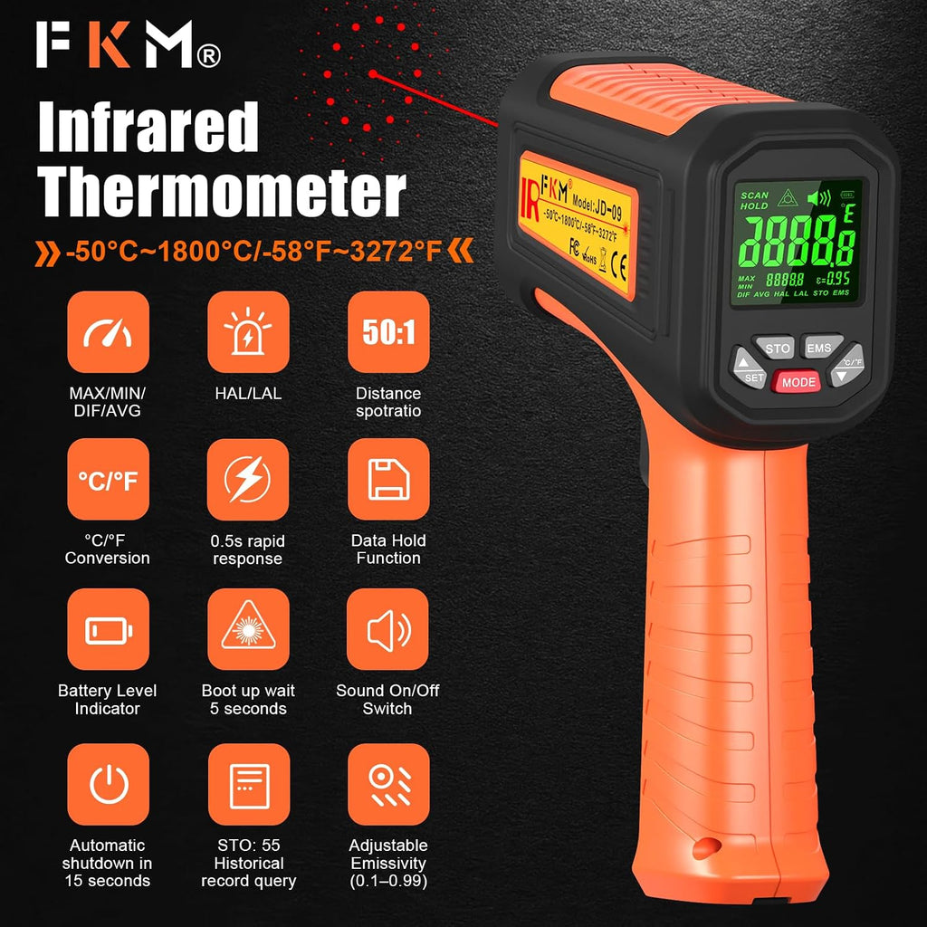 Termómetro infrarrojo tipo pistola FKM de alta relación 50:1 -58°F ~ 3272°F
