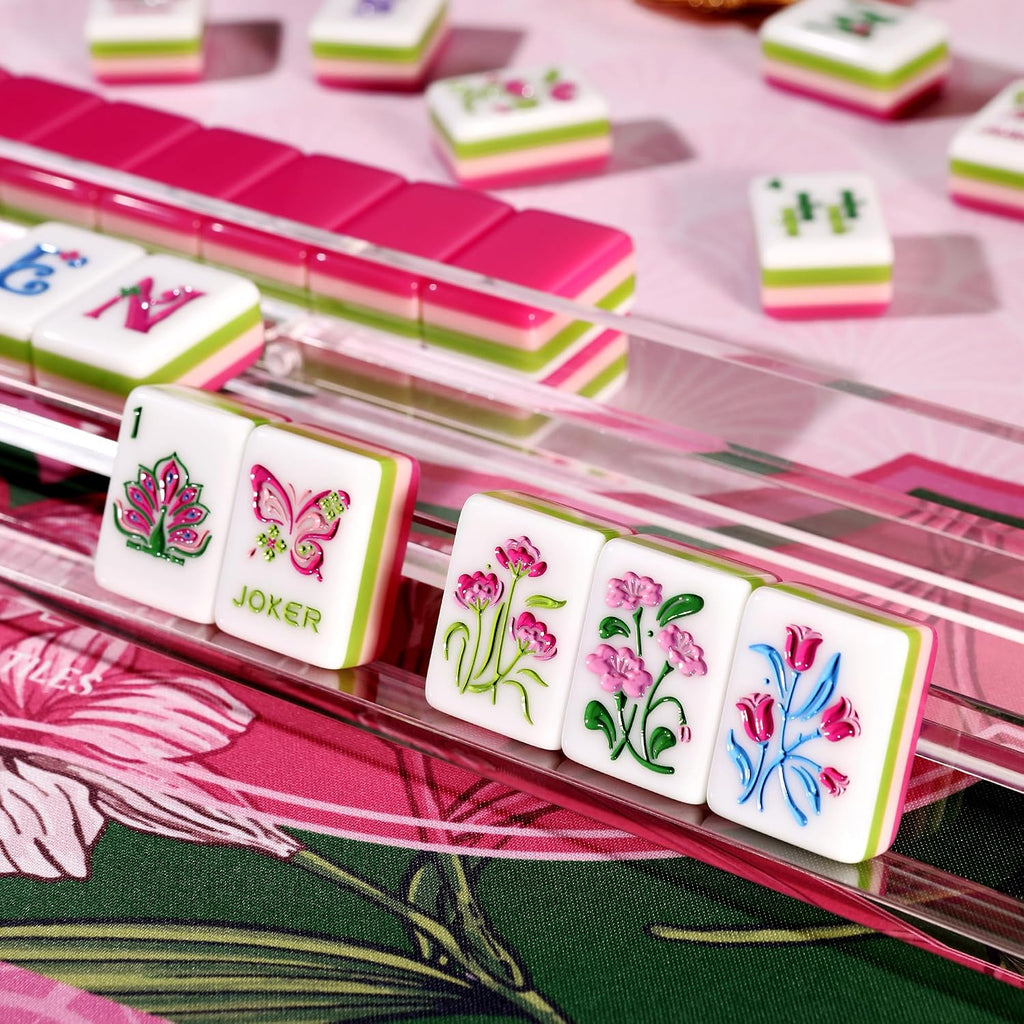 American Mahjong - Juego de azulejos de Mahjong, 160 rosas rosas de 4 capas con 4 dados con bolsa, caja de almacenamiento lista para regalo, juego de azulejos de Mahjong americano, juego de mahjong
