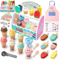 Juguete de helado para niños de 3 a 6 años, juego de helados de madera con mostrador, delantal, calcomanía de bricolaje, cuchara, dinero de juguete, juguetes de juego de simulación para juegos de
