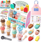 Juguete de helado para niños de 3 a 6 años, juego de helados de madera con mostrador, delantal, calcomanía de bricolaje, cuchara, dinero de juguete, juguetes de juego de simulación para juegos de