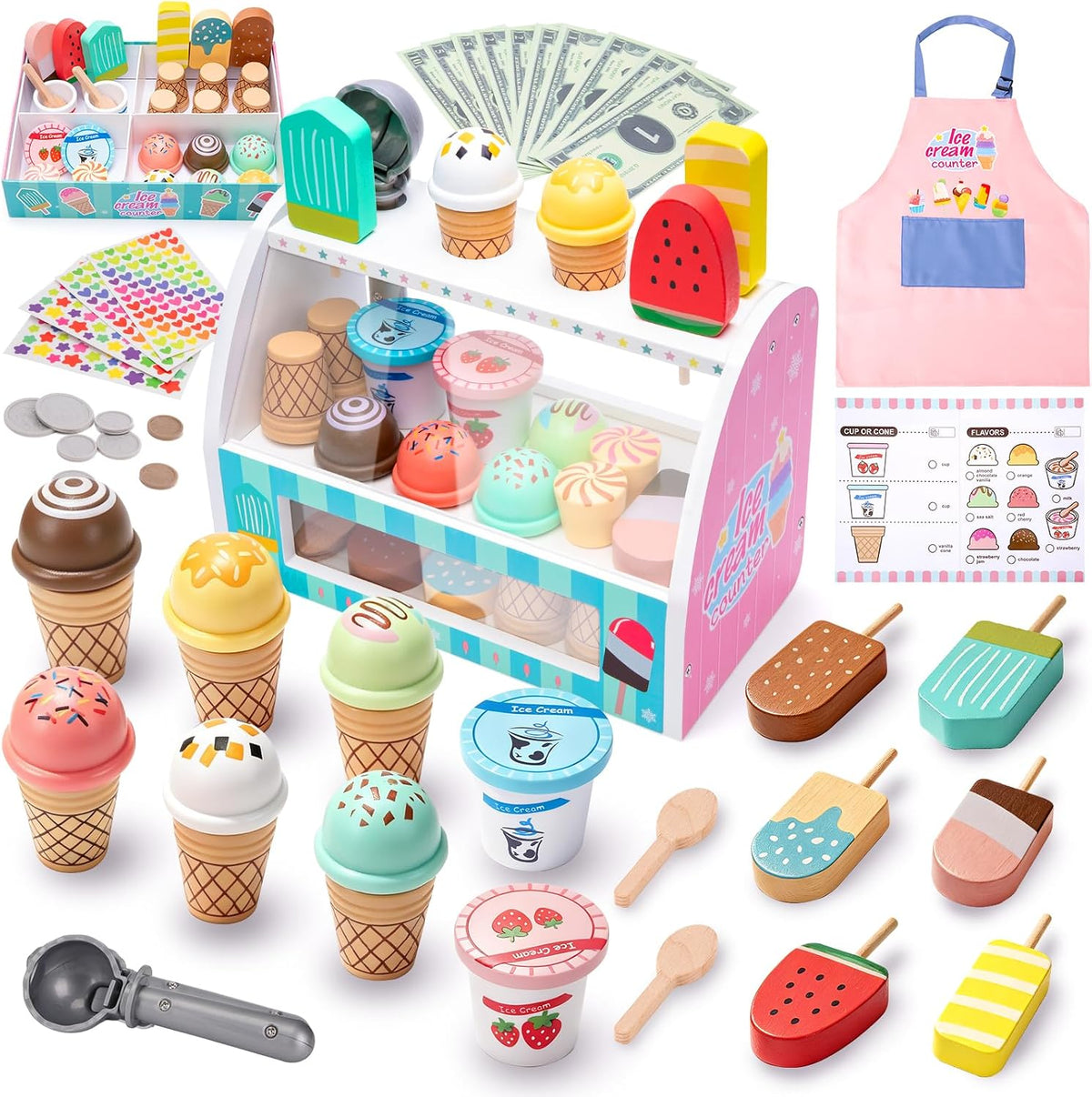 Juguete de helado para niños de 3 a 6 años, juego de helados de madera con mostrador, delantal, calcomanía de bricolaje, cuchara, dinero de juguete, juguetes de juego de simulación para juegos de