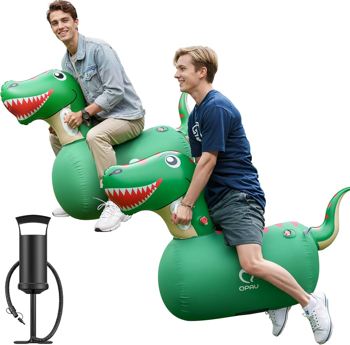 QPAU - Juguetes inflables de dinosaurios saltarines de 2 piezas con bomba de mano, gigantes de alta resistencia, capacidad de carga de 220 libras, juguete saltarín para montar y rebotar, para niños y