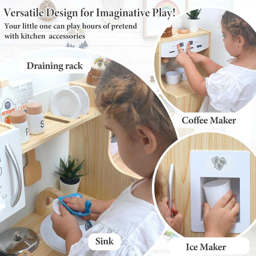 Cocina de madera para niños con caja de almacenamiento y 18