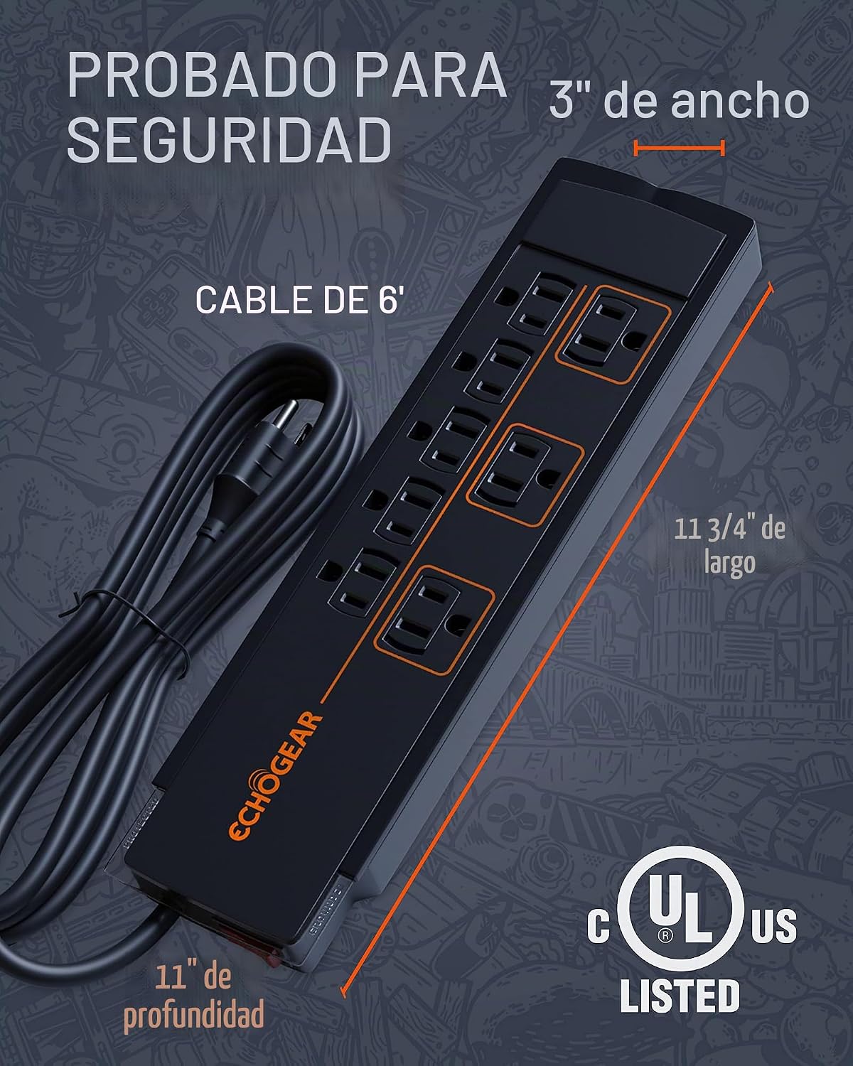 ECHOGEAR ShockBlocker Regleta de Protección contra Sobretensiones de 8 Tomas - Diseño Delgado Puede Alimentar y Proteger Toda tu Configuración de TV, Oficina o Juegos - Supresor de Sobretensiones
