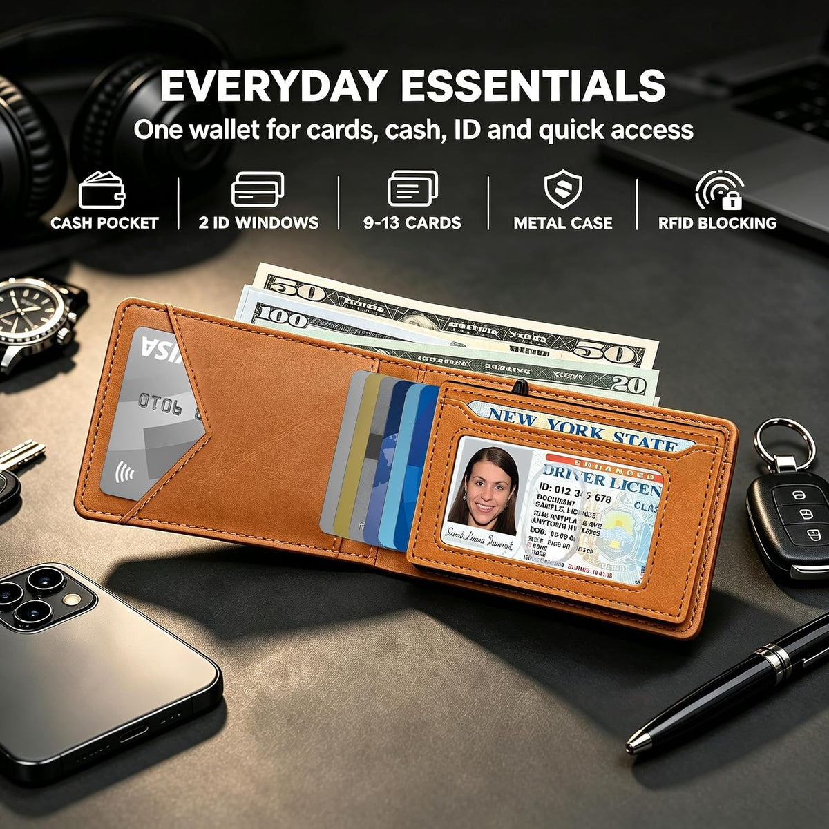 Cartera para hombre, con funda de metal, inteligente, delgada, con cierre magnético, 14-16 tarjetas, billetera triple de cuero con bloqueo RFID, bolsillo frontal
