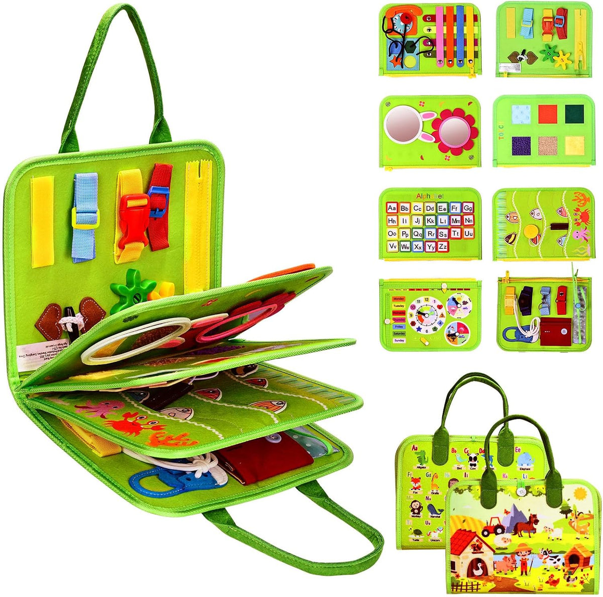 Juguetes Montessori de tablero ocupado, regalos de cumpleaños para niños y niñas, juguete de viaje sensorial para autismo, tablero de libros ocupados para actividades educativas, juguetes de aprendizaje de habilidades motoras finas, color verde