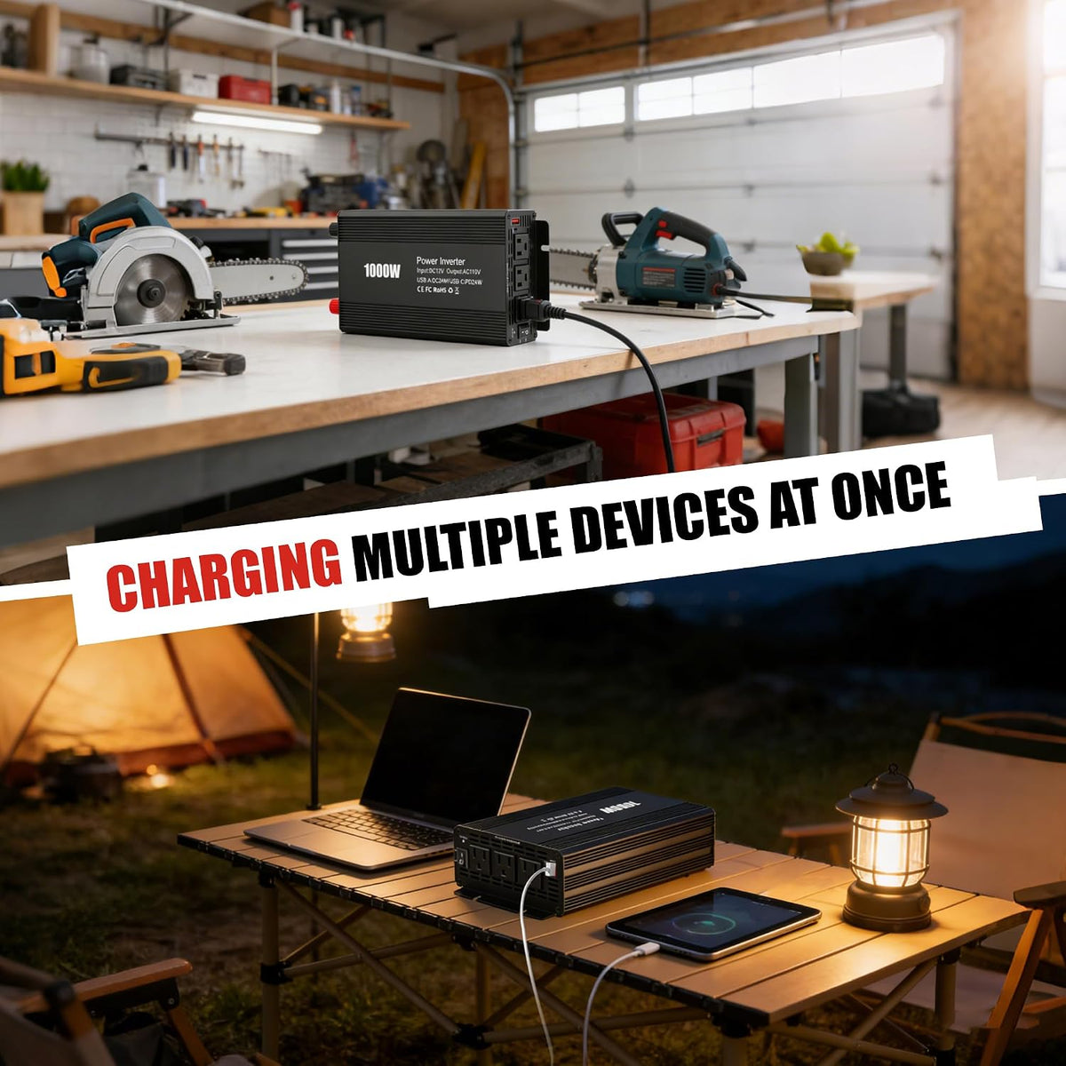 Inversor de corriente para automóvil de 1000 W, 12 V-110 V CA, USB-C PD 24 W + cables de batería