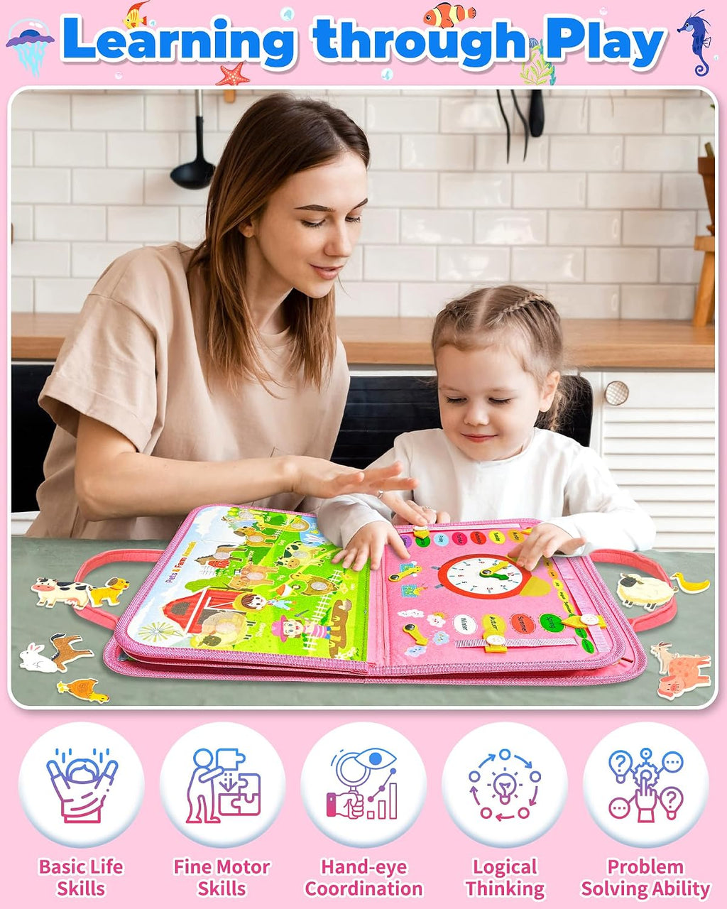 Tablero de actividades Montessori, para niñas de 1, 2, 3 o 4 años, ideal como regalo de cumpleaños, sensorial, juguete educativo de aprendizaje, actividades de viaje