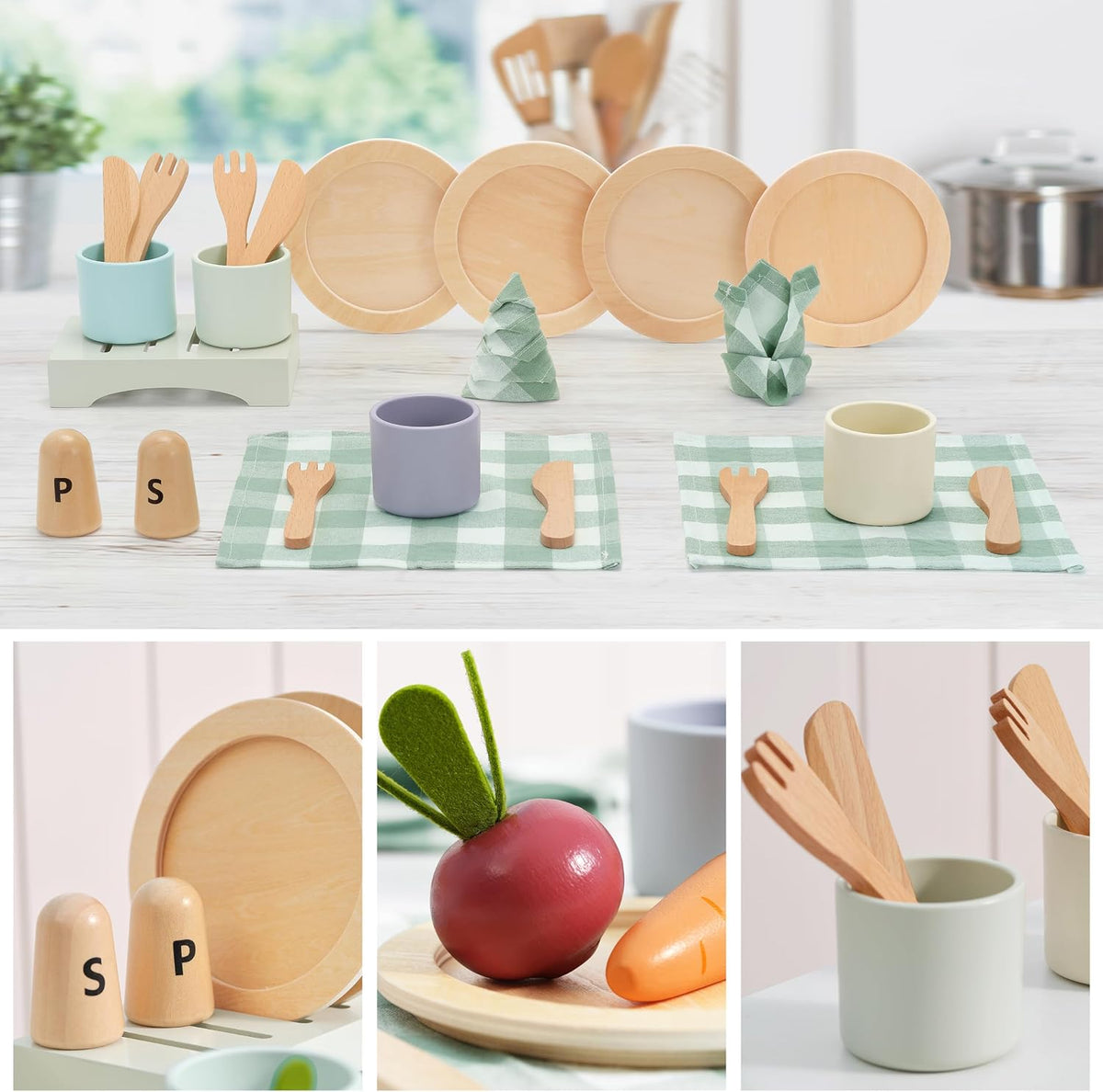Platos de juego de madera para niños - Accesorios para cocina de juego