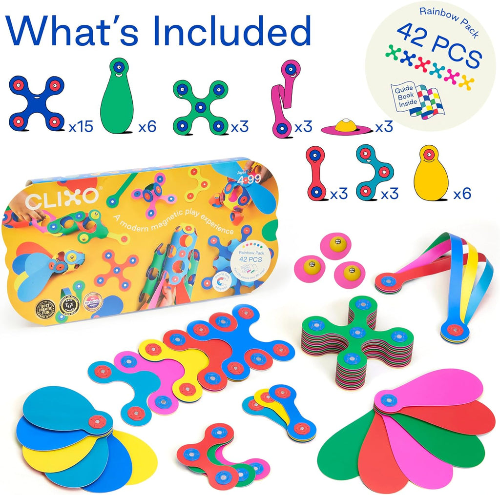 Clixo Rainbow Pack, juguetes magnéticos flexibles para construir para niños (42 Pc, 4+)