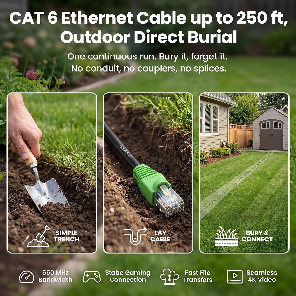 GEARit - Cable Ethernet Cat 6 de 100 pies, cable Cat6 de entierro directo