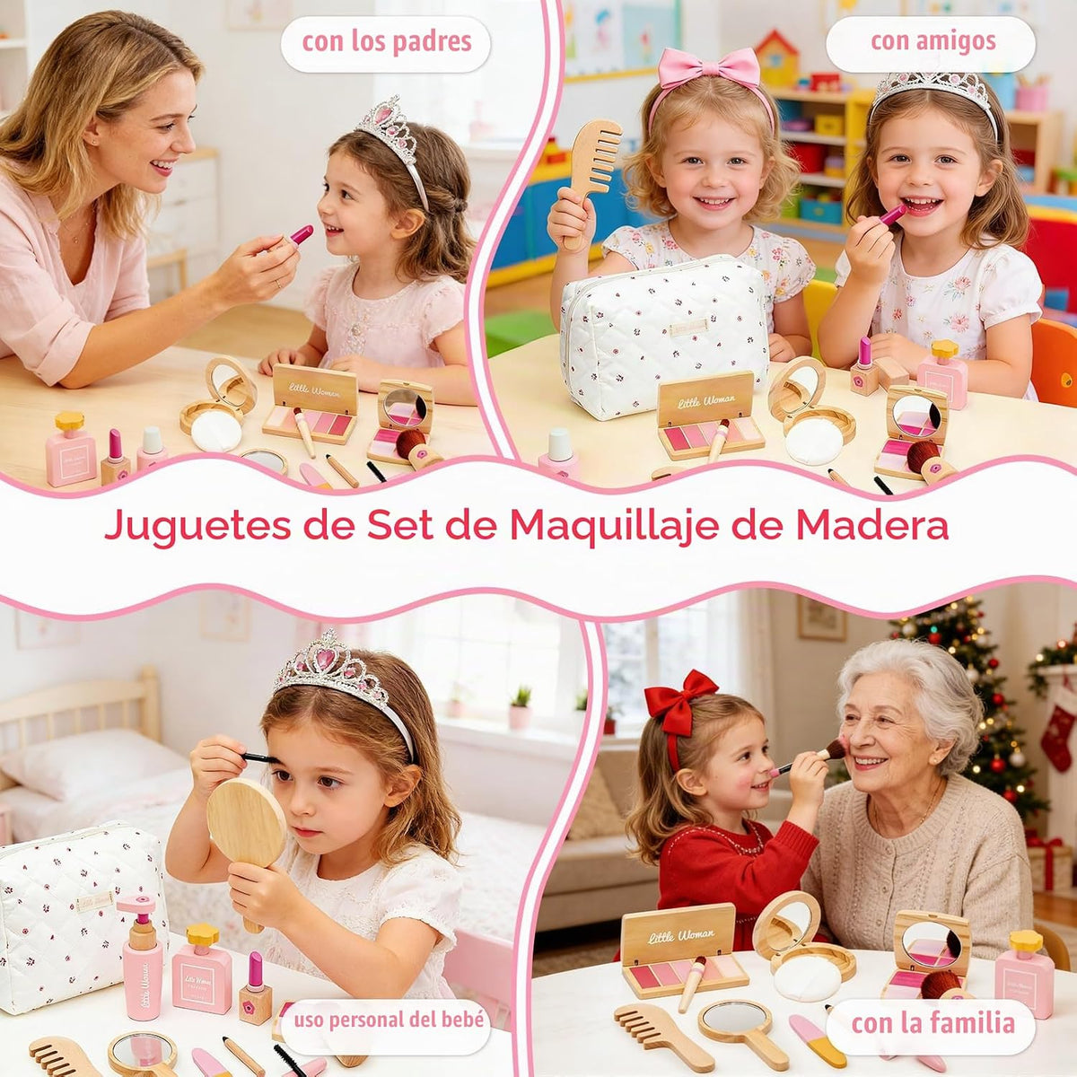 Juego de juguetes de maquillaje de madera para niñas, kit de maquillaje para niños de 3 a 5 años con sombra de ojos, rímel, perfume, rubor, espejo, bolsa, regalos de cumpleaños para niñas