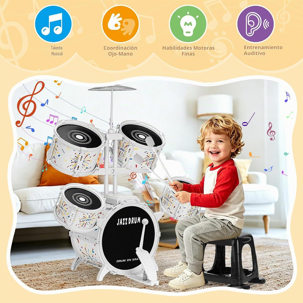 Juego de batería para niños pequeños de 2 a 4 años, instrumento musical de