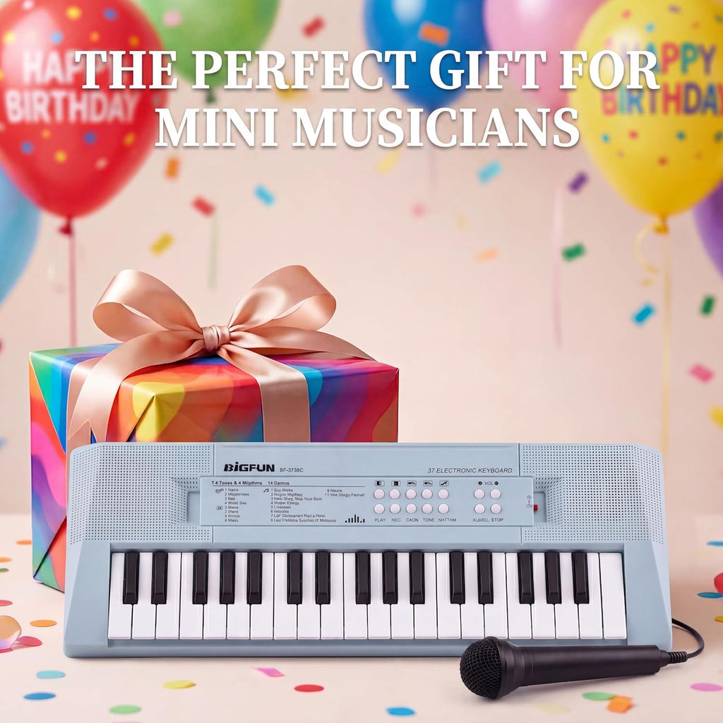 Piano infantil de 37 teclas con micrófono, teclado de música, azul