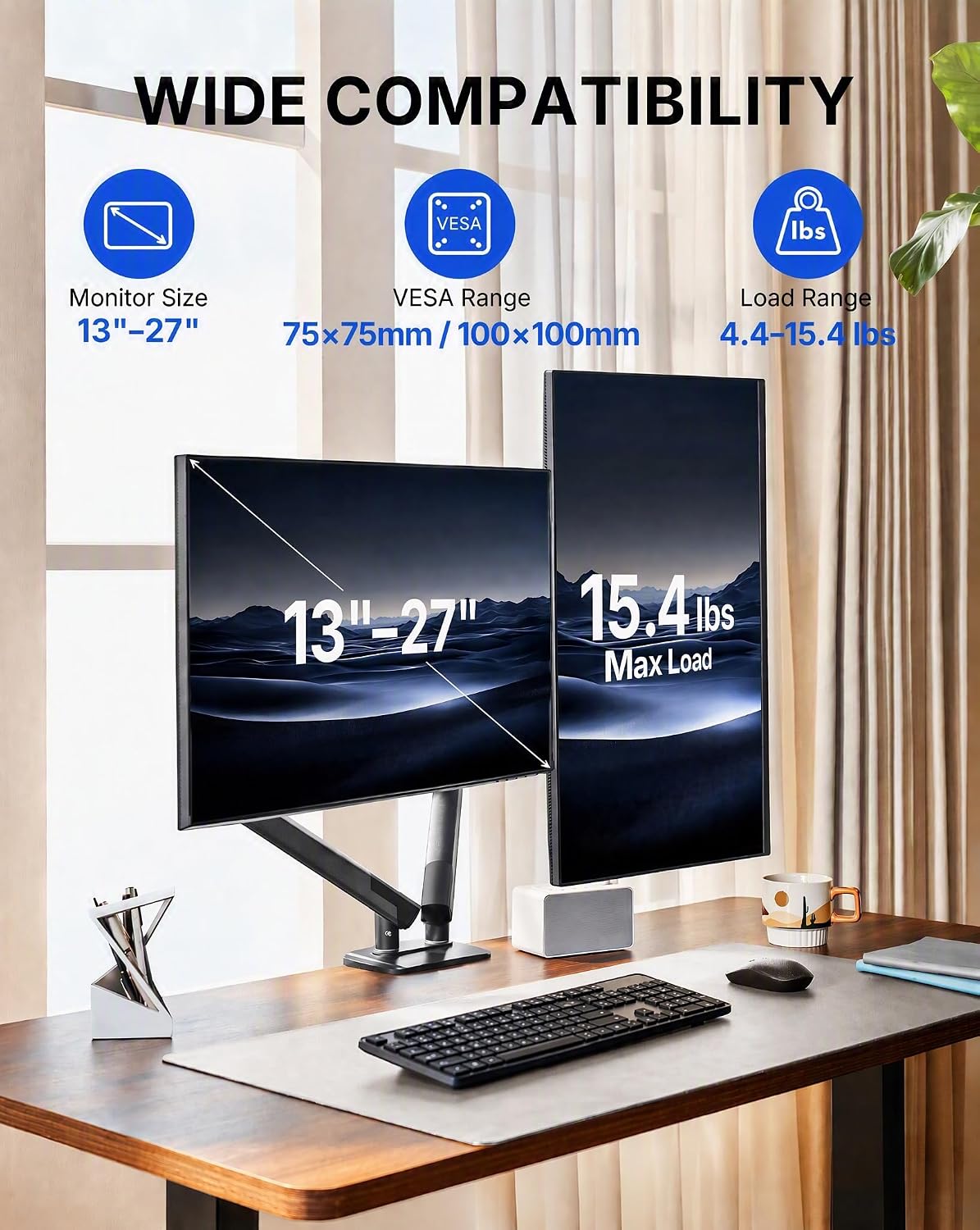 HUANUO FlowLift Pro - Soporte doble para monitor para pantallas de 13 a 32 pulgadas, soporte para monitor MechaSpring, brazos de monitor ajustables para 2 monitores con inclinación/giro/rotación