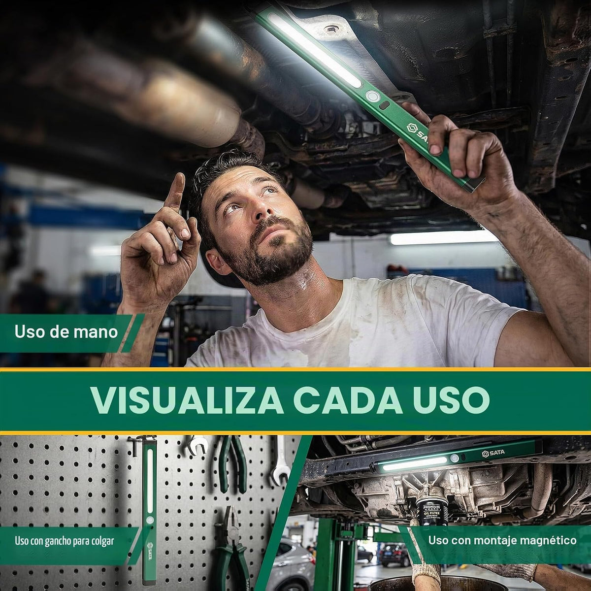 SATA Luz de inspección LED ultradelgada estilo regla con parte trasera magnética, 400LM, 2700mAh, luz de trabajo SMD recargable para debajo del capó, reparación automática, garaje, taller