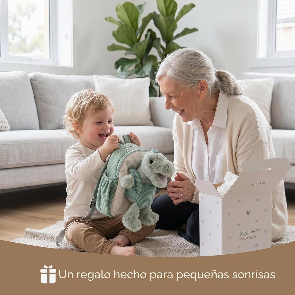 Moonkie Hug & Go - Mochila de dinosaurio para niños, bolsa de felpa suave con juguete para llevar para niños de 2 a 4 años, ideal para guardería, viajes y regalos de cumpleaños