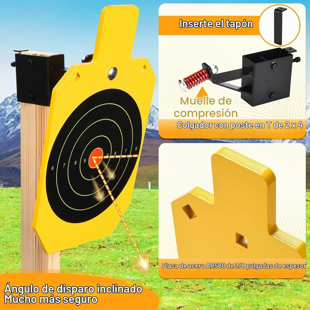 Sistema de soporte de acero AR500, objetivos de rehén de acero de 3/8 pulgadas de grosor con base de soporte estable de 2 x 4, kit completo de disparo con papel de objetivos de 10 piezas para