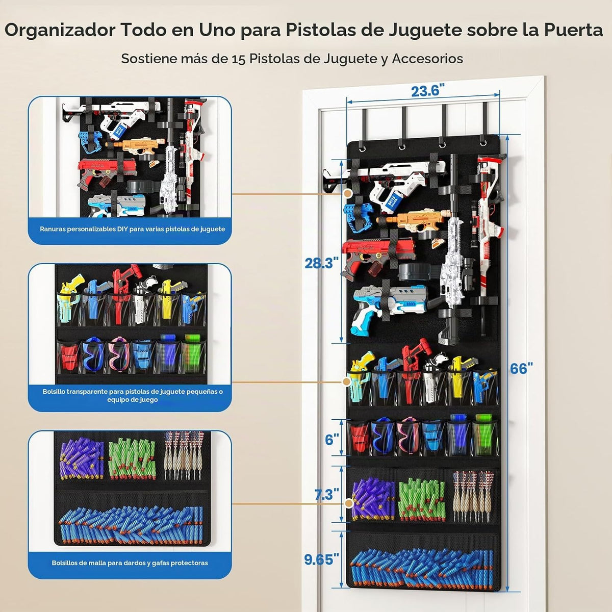 Organizador sobre la puerta para pistolas de juguete, colgador de puerta con bolsillos y ranuras para lanzadores de espuma, dardos, gafas para niños, organizador de almacenamiento de pistolas de