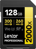 Lexar Tarjeta de memoria SD de 128 GB 2000x, lectura de 300 MB/s, 8K, V90