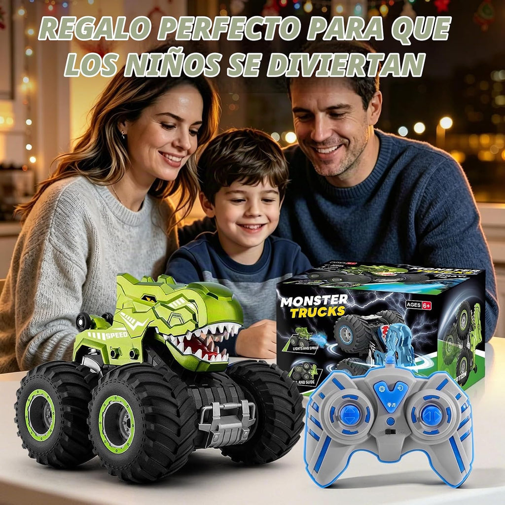 pinkking Monster Truck Toys - Camión de dinosaurio a control remoto con luces, sonido y aerosol, camión RC 1:18 con giros de 360° y derrape, vehículo de control remoto 4WD con carga USB Type-C para niños