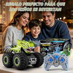 pinkking Monster Truck Toys - Camión de dinosaurio a control remoto con luces, sonido y aerosol, camión RC 1:18 con giros de 360° y derrape, vehículo de control remoto 4WD con carga USB Type-C para niños