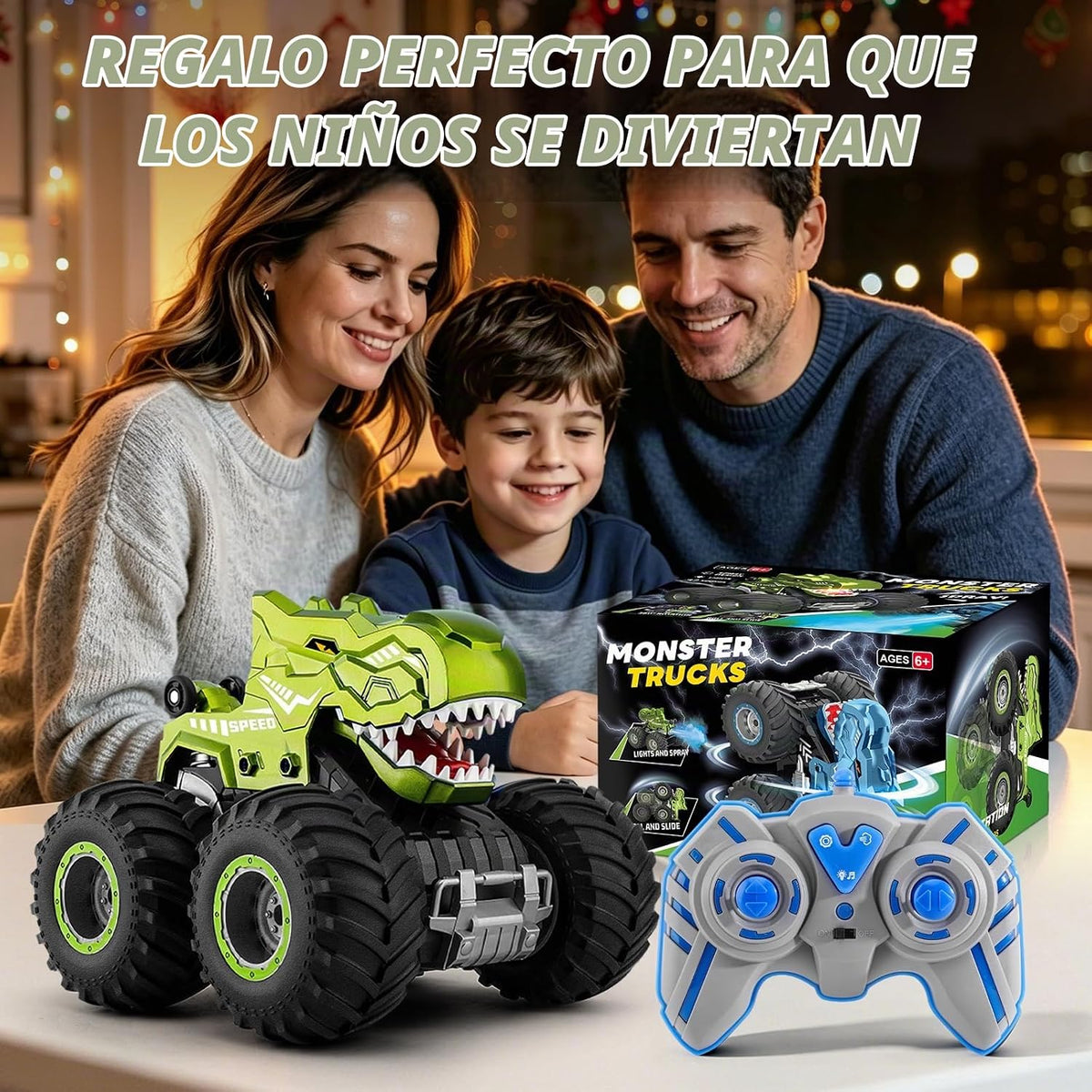 pinkking Monster Truck Toys - Camión de dinosaurio a control remoto con luces, sonido y aerosol, camión RC 1:18 con giros de 360° y derrape, vehículo de control remoto 4WD con carga USB Type-C para niños