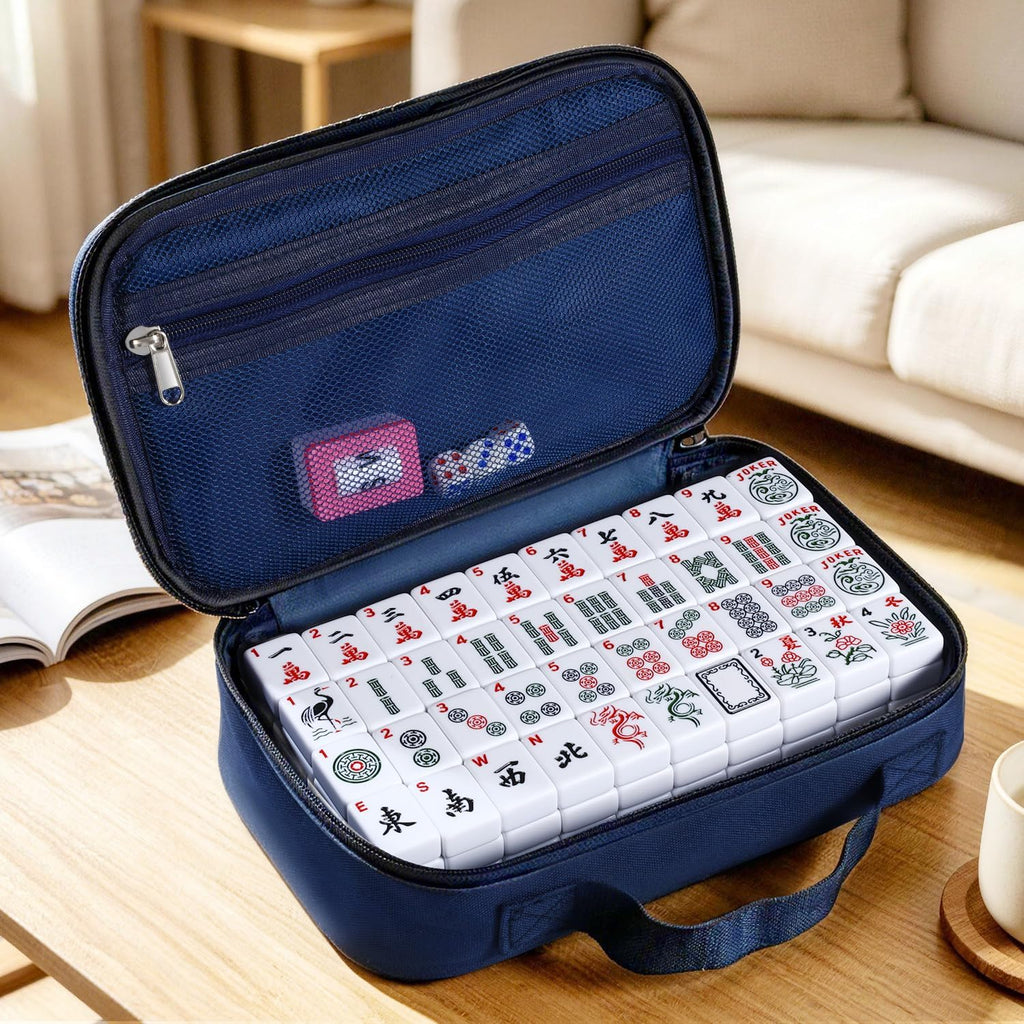 Juego de mahjong americano prémium con bolsa de transporte azul duradera, 166 azulejos blancos, incluye fichas y dados, juego de azulejos Mahjong portátil de viaje completo