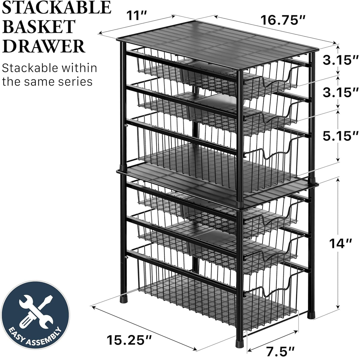 Simple Houseware Cajón organizador apilable de 3 niveles, color negro